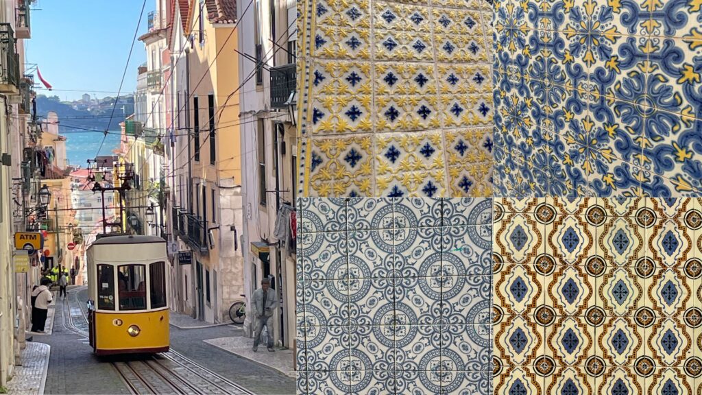 Old tram moving up on a steep hill on a narrow street full of houses. Collage of beautiful ceramic tiles used in the houses of Lisbon. 